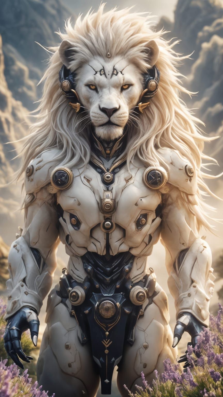 Majestic White Lion in Lavender Fields