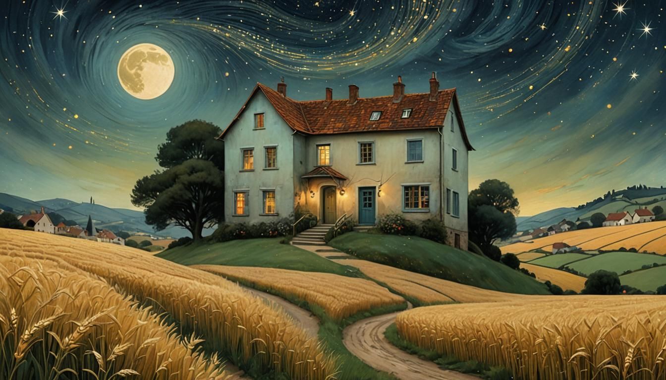 Starry night, old 3-level house, path, wheat field. Landscape in the artistic style of Catrin Welz-Stein ...  by @Hugo Raul