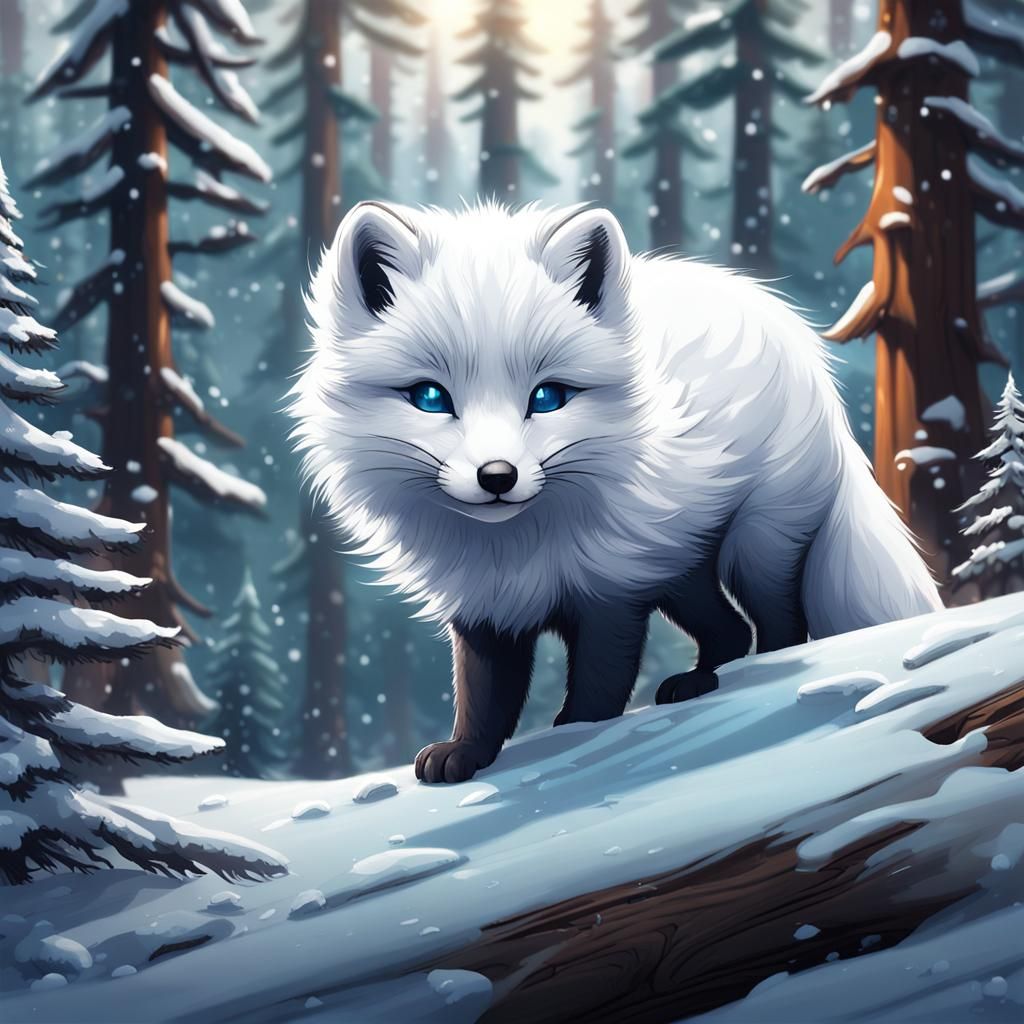 Cute Arctic Fox Cub in Winter Forest, Anime Style