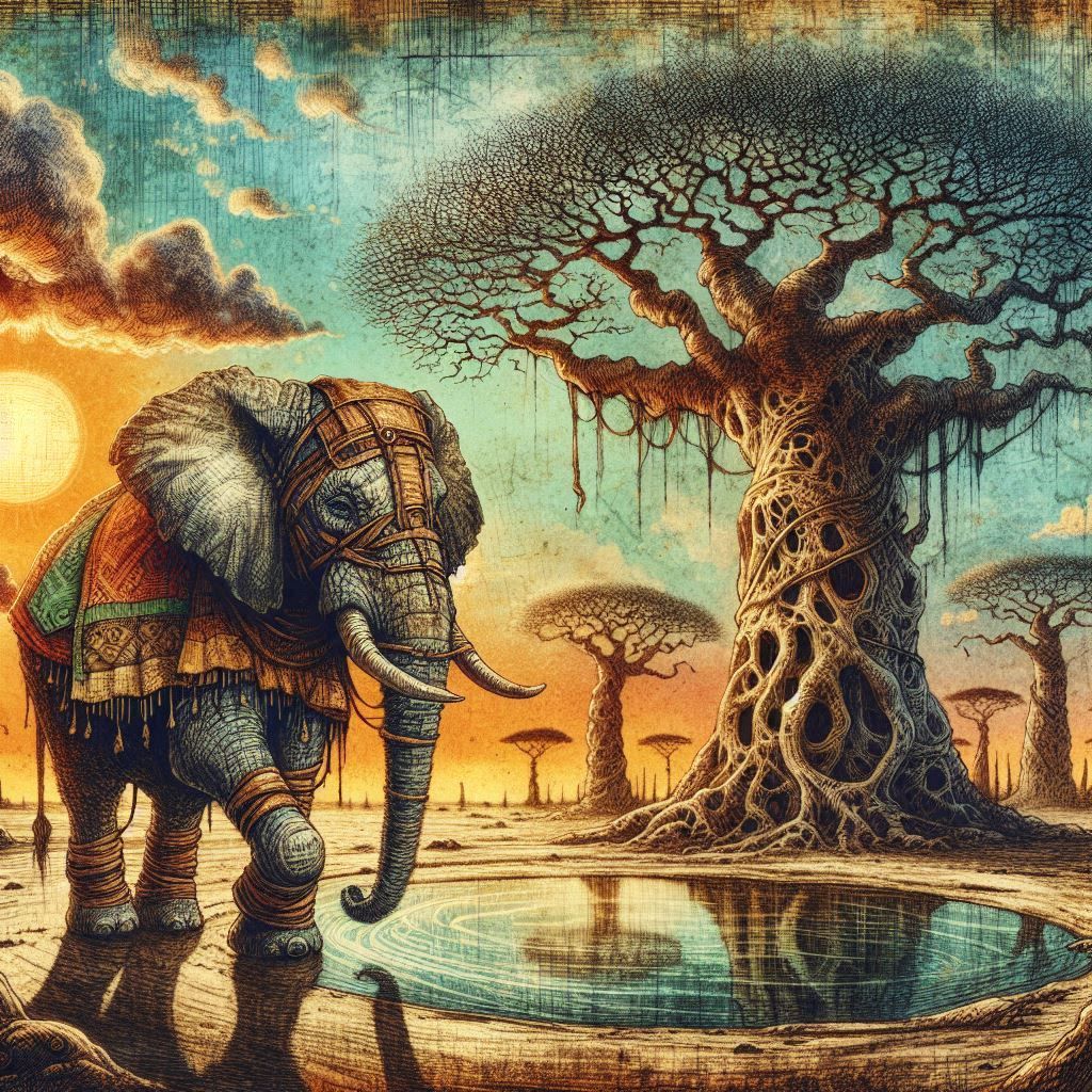 Whimsical elephant in worn leather harness and tattered clot...