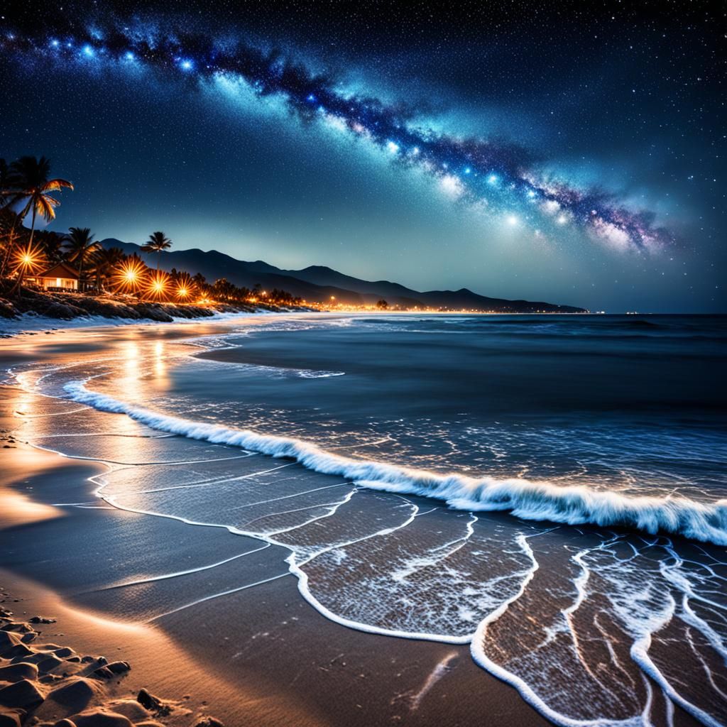 A twinkling starry night over the beach intricate details, HDR, beautifully shot, hyperrealistic, sharp ...  by @Patsy 
