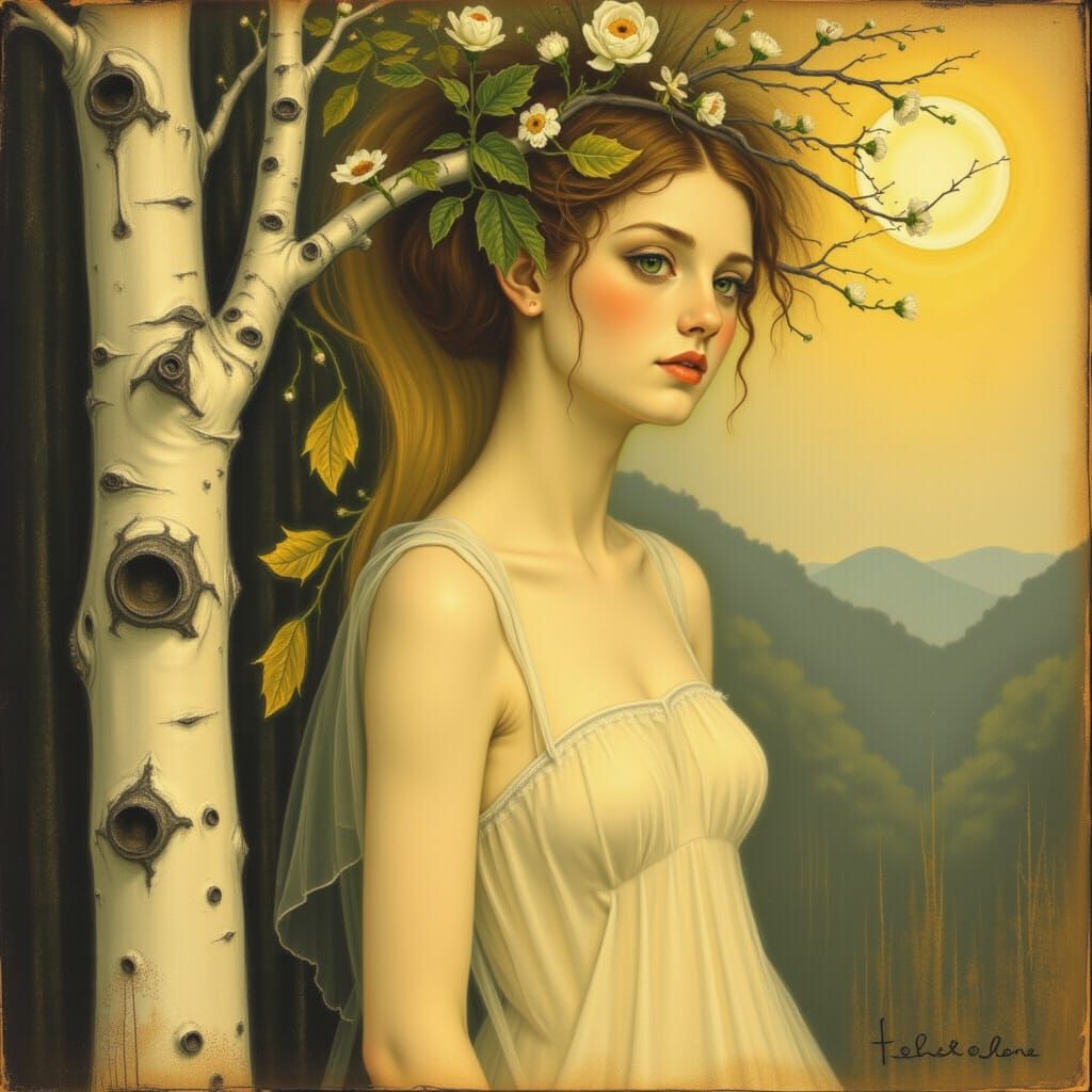 La bellissima driade della betulla. <lora:AH NolaFyra:1.0> volumetric lighting color corrected precisionism yellow