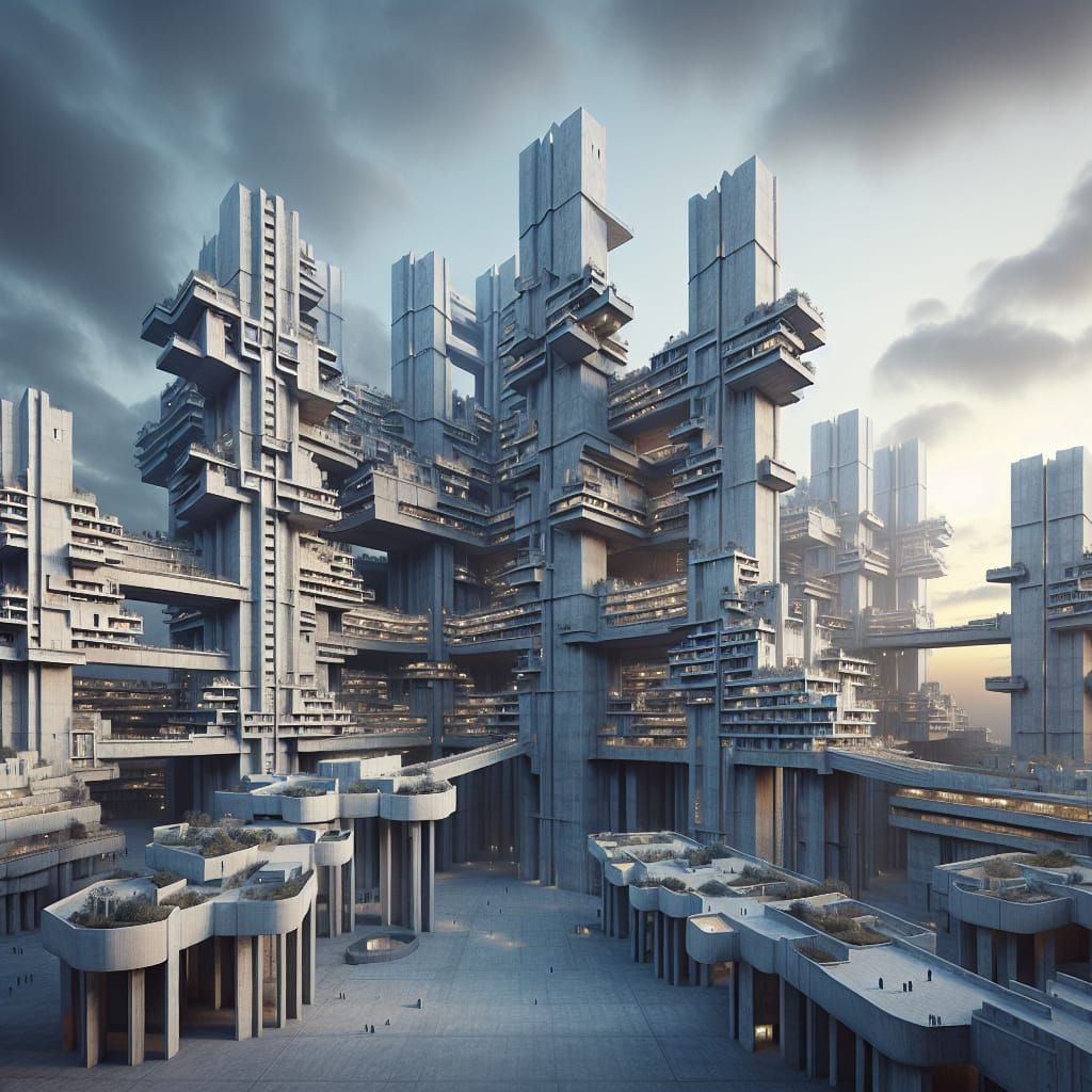 Apartment complex that houses 10000  people , futuristic brutalstic