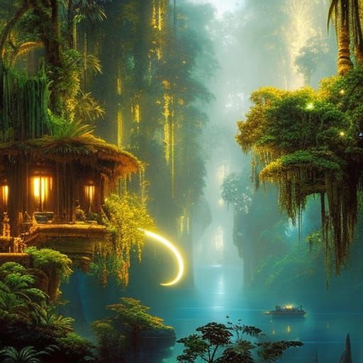 beautiful serene night in pandora owl jungle ruins, biolumin...