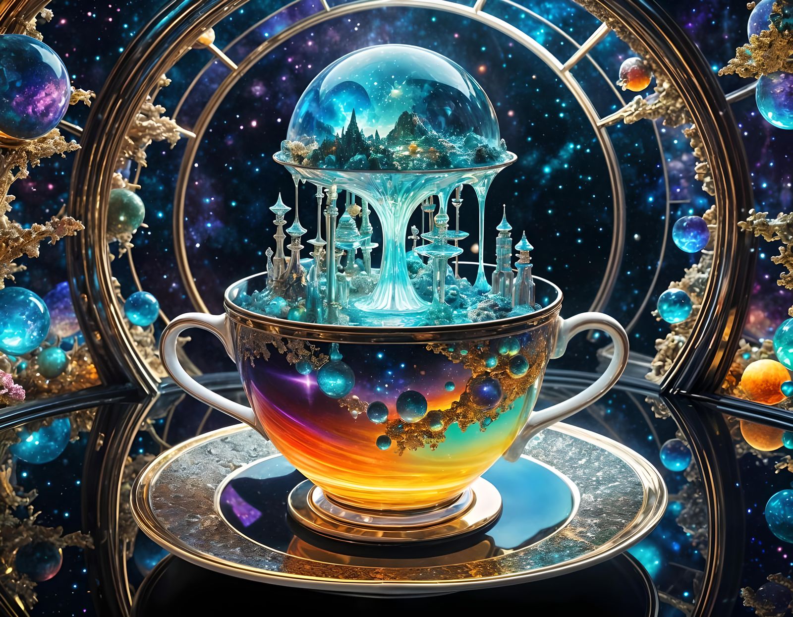 whimsical crystal world arcology filling the interior of a cup of tea  by @tsahel