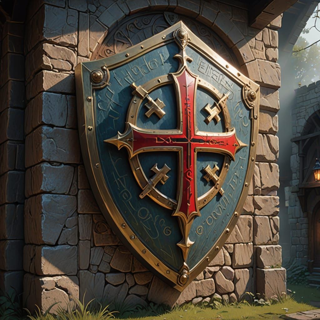 A knights templar shield, mesmerizing engraved ancient lettering on the shield,in the style of realism,made of brass, cinematic lighting, ci...