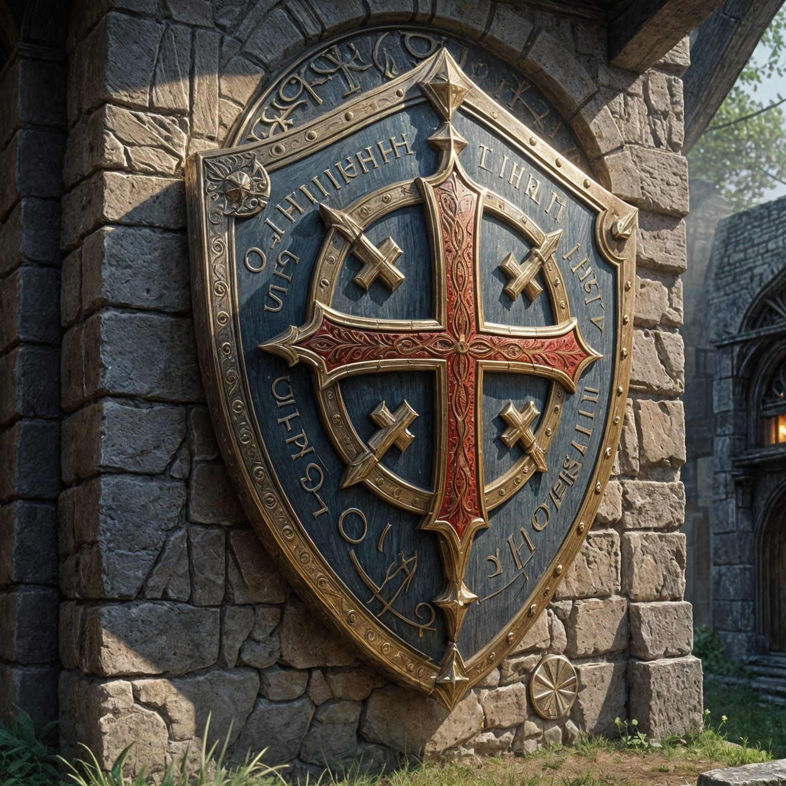 A knights templar shield, mesmerizing engraved ancient lettering on the shield,in the style of realism,made ...  by @Paul Snipes