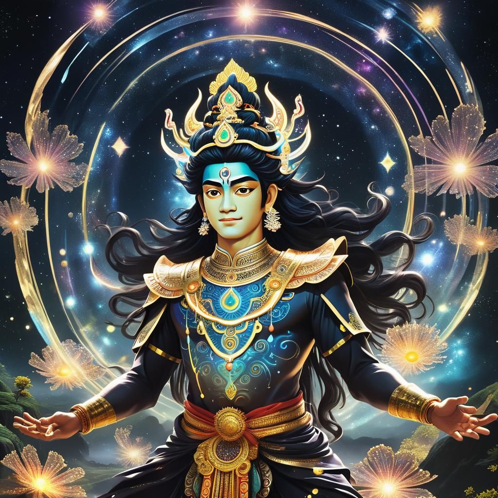 Sebuah lukisan realistis dari Arjuna, seorang pemuda dengan ...