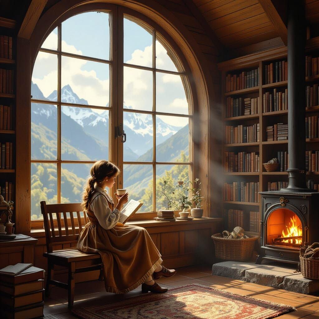 Girl reads in front of fireplace 