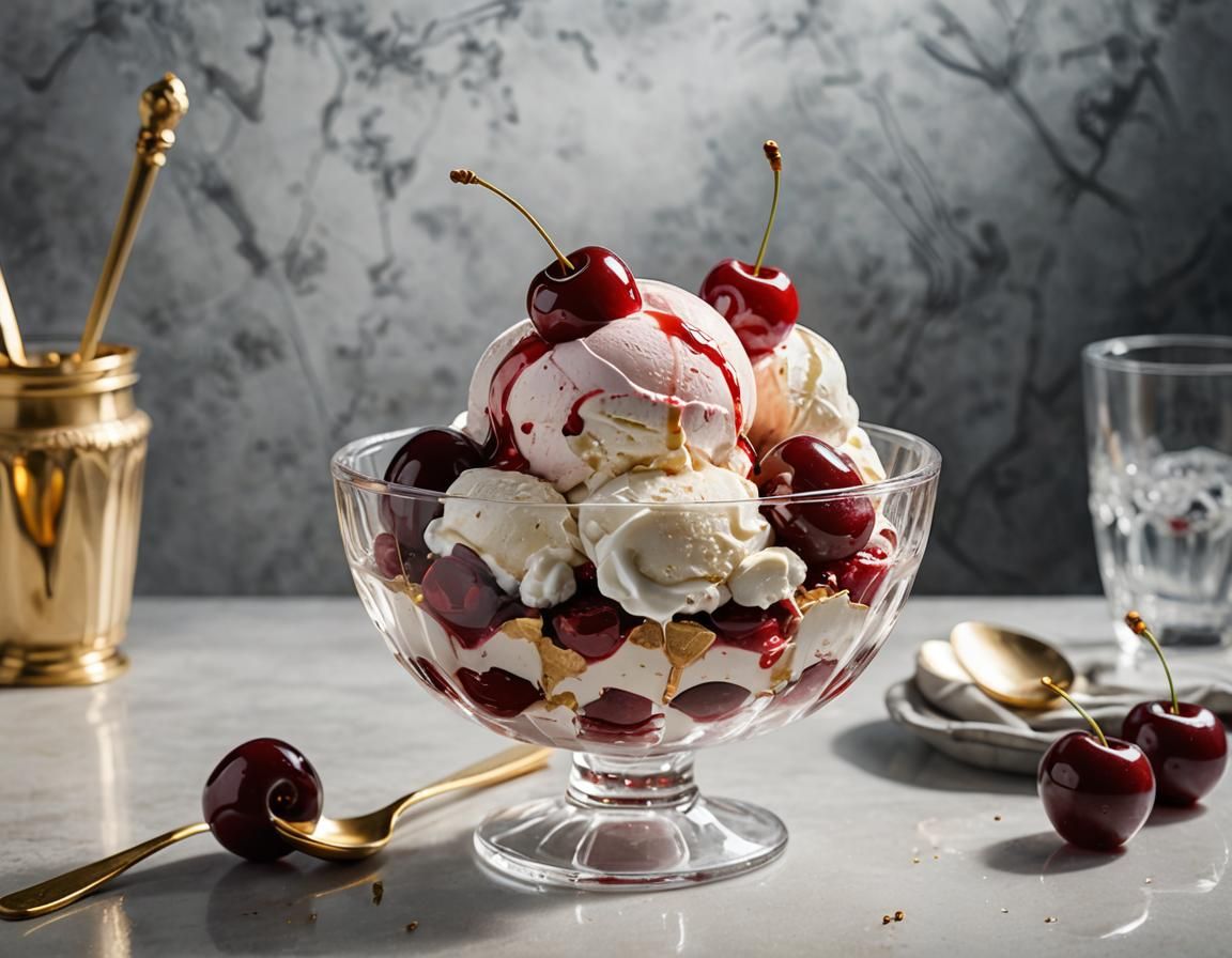 Cherry rum sundae with golden brownies and cherry syrup.   by @MrLove