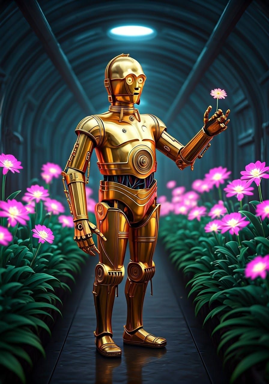 Whimsical Chrome C3P0 Tending to Bioluminescent Flowers in F...
