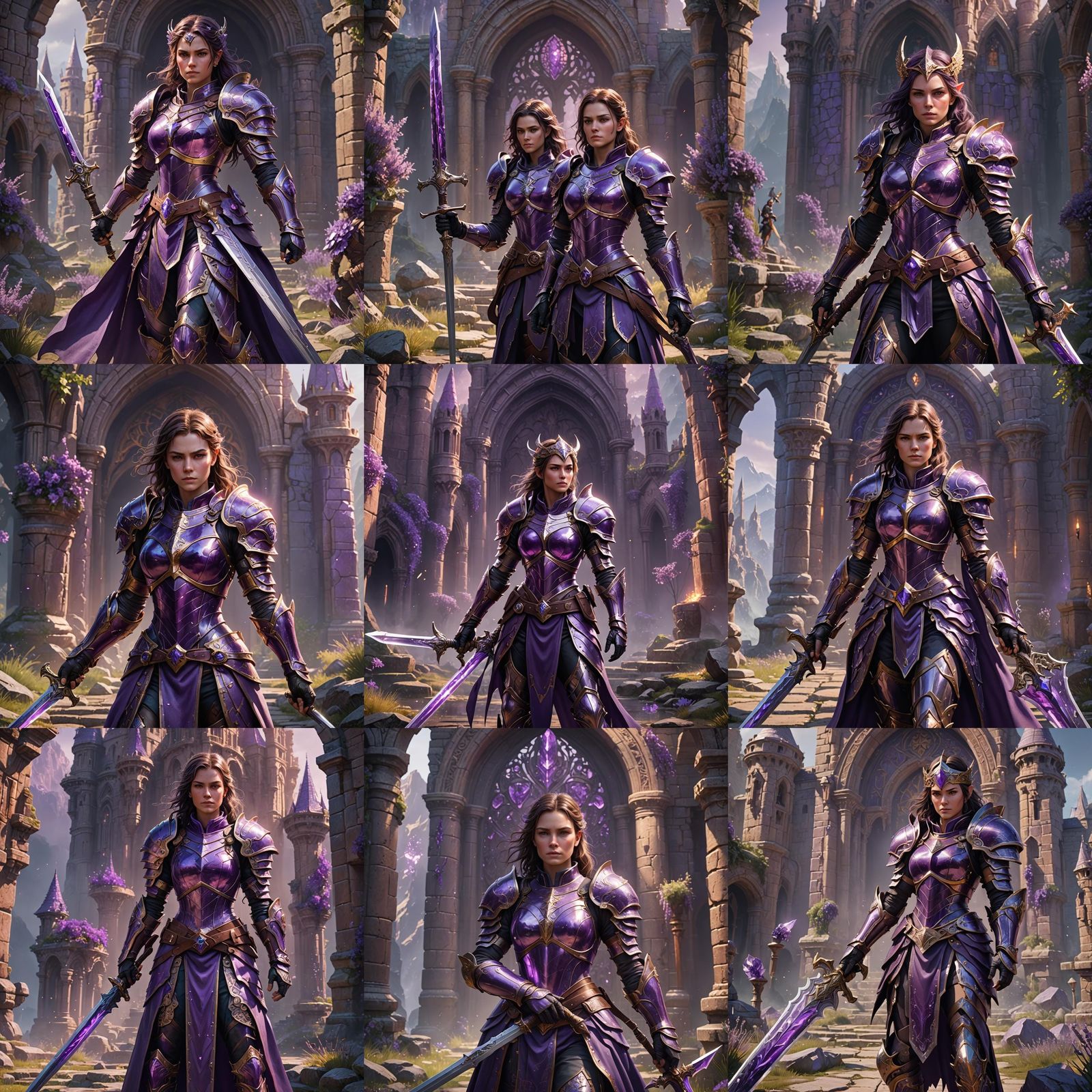 rebecca in amethyst battle armor at the ready holding her sw...