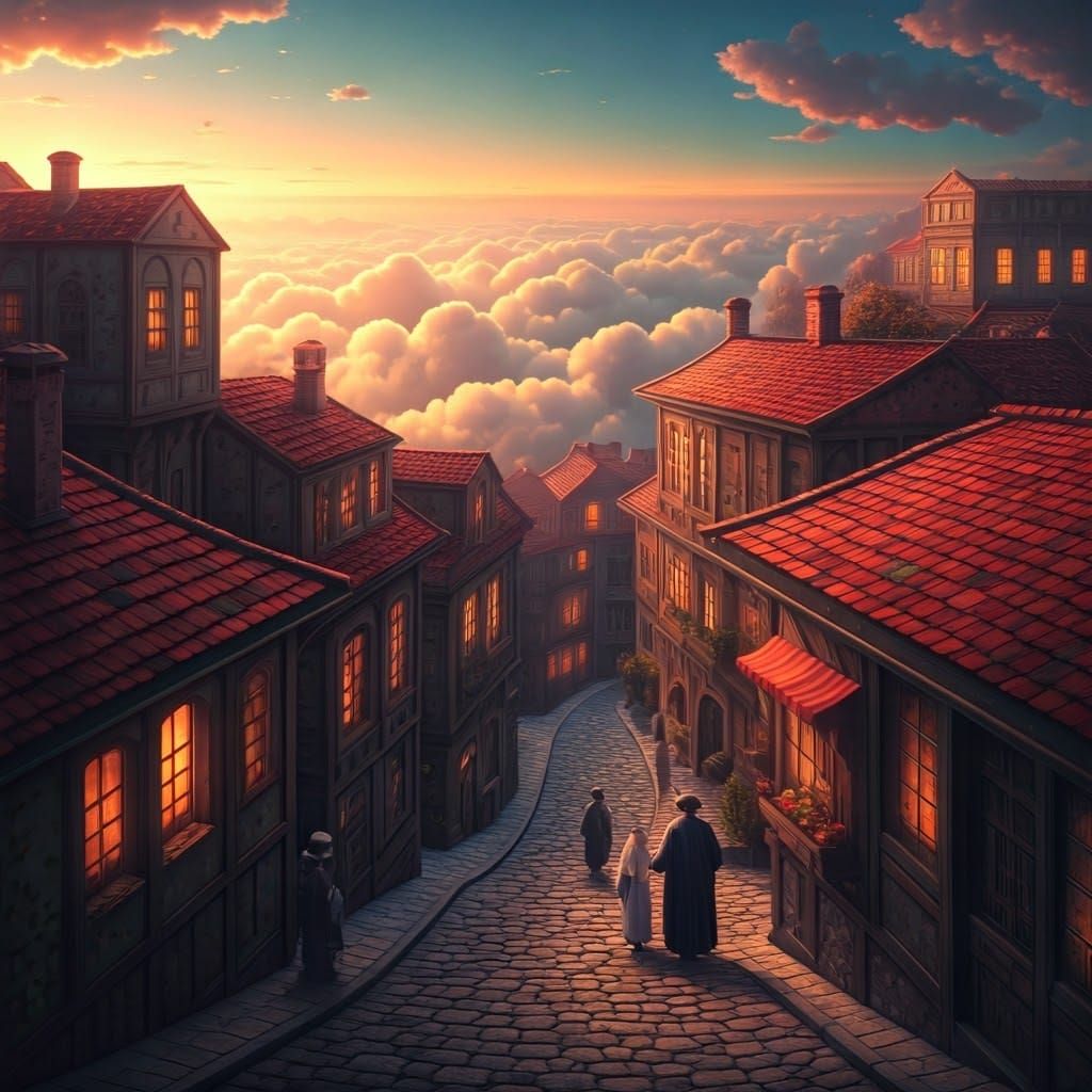 Serenely Floating Jewish Shtetl in Luminous Clouds