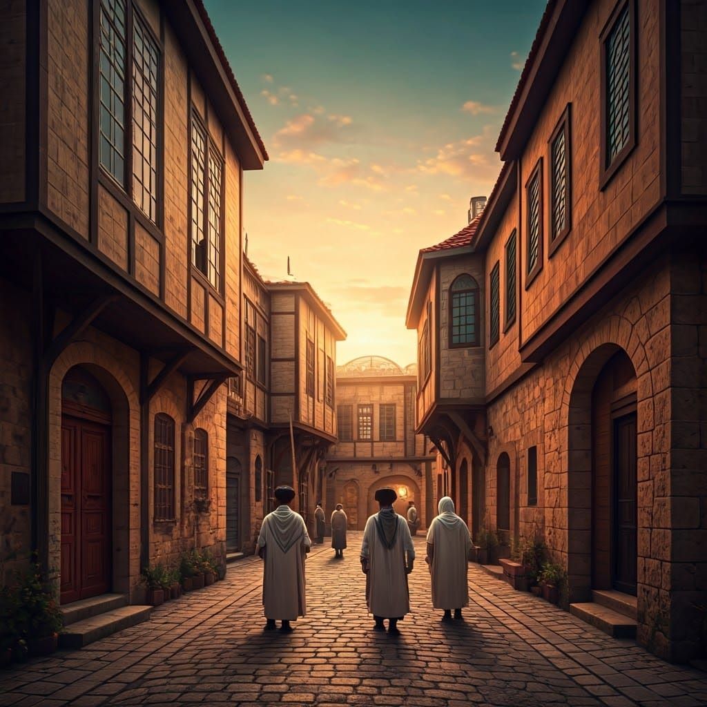 Jewish Village Floating on Shabbat Clouds in Cinematic Style