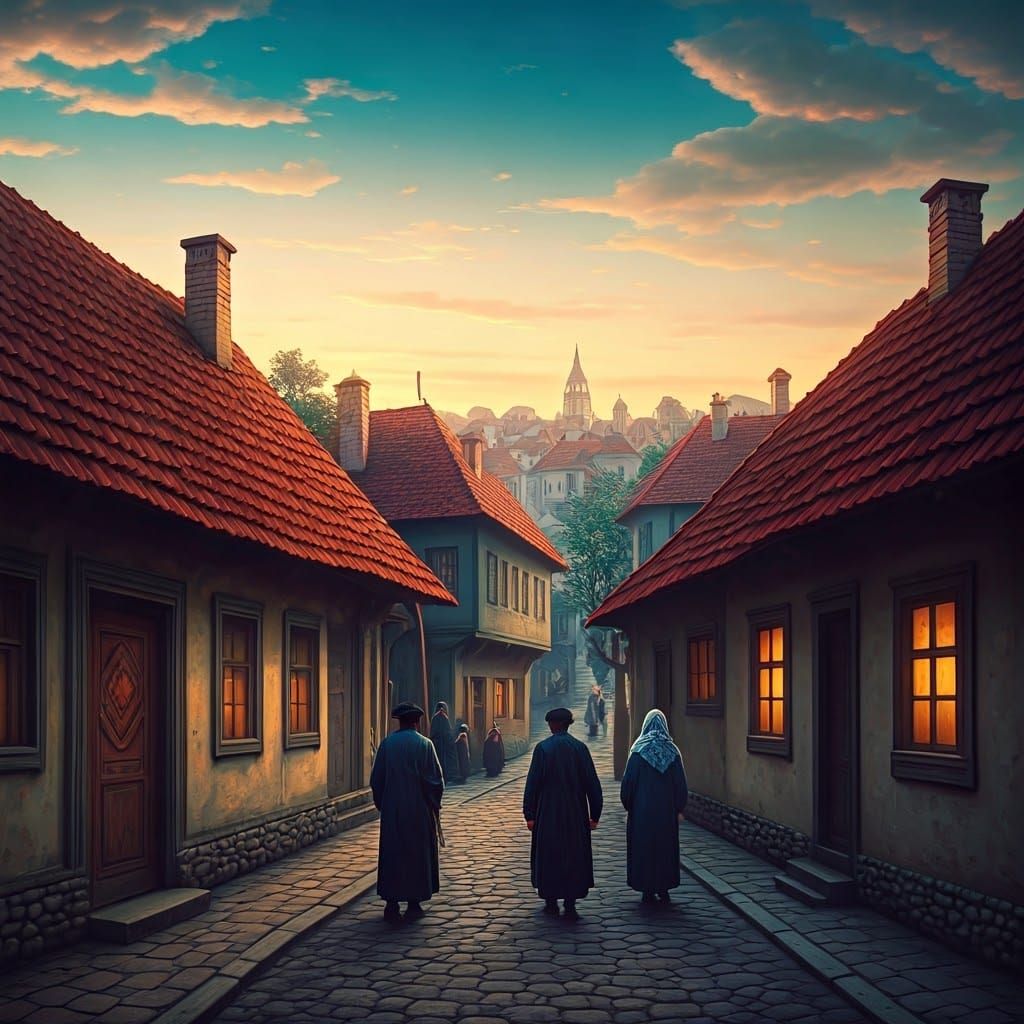 Serenely Levitating Jewish Shtetl Amidst Iridescent Clouds