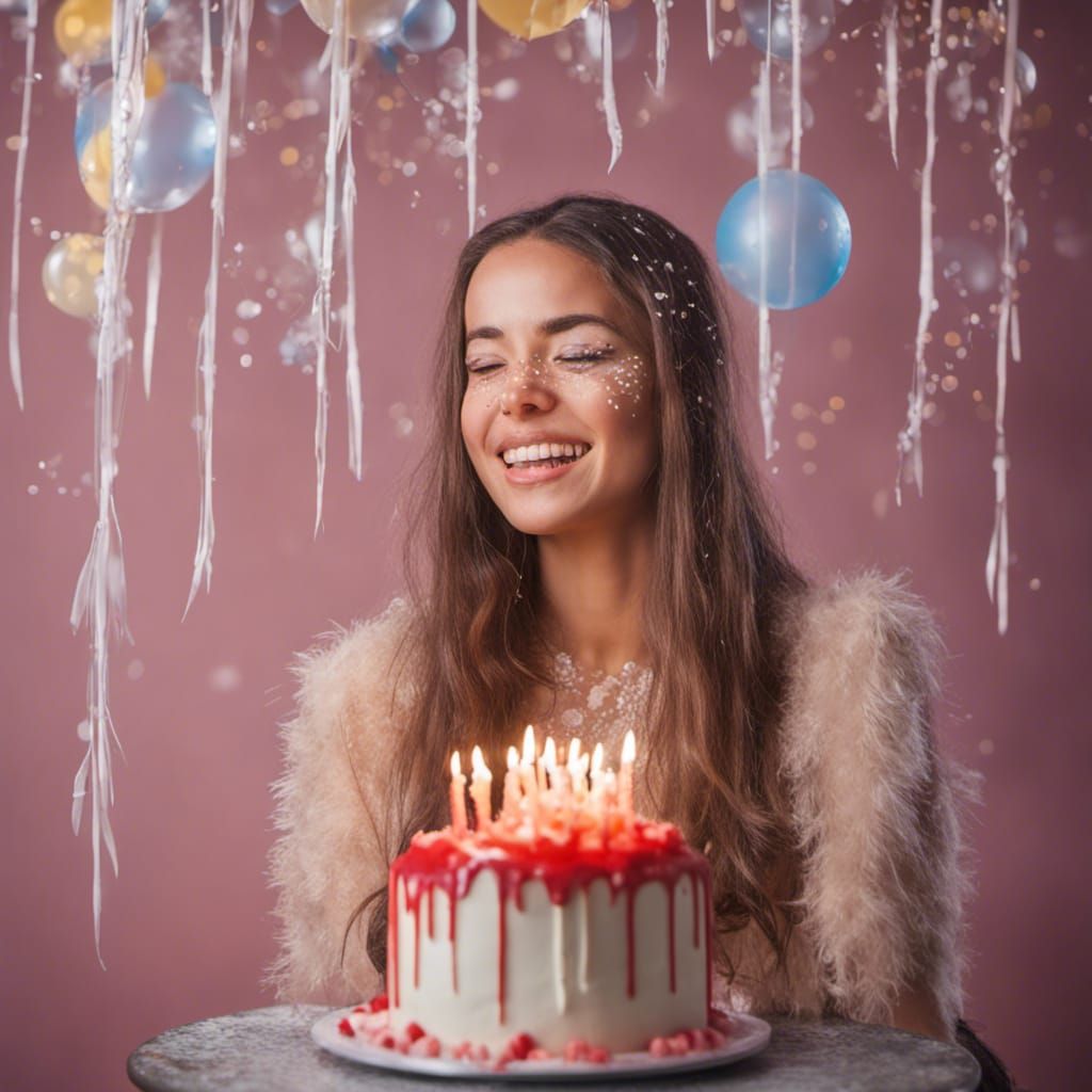 Birthday young woman, cake, bubbles, feathers, splashed scre...