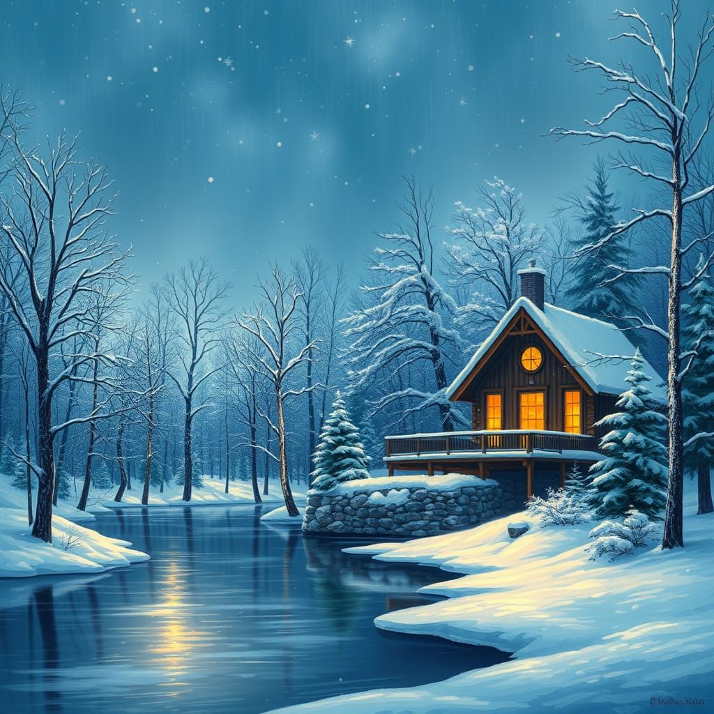 a  beautiful winter cabin , a frozen lake, a beautiful snow covered winter forest, bare trees with snow, ...  by @blizzard224