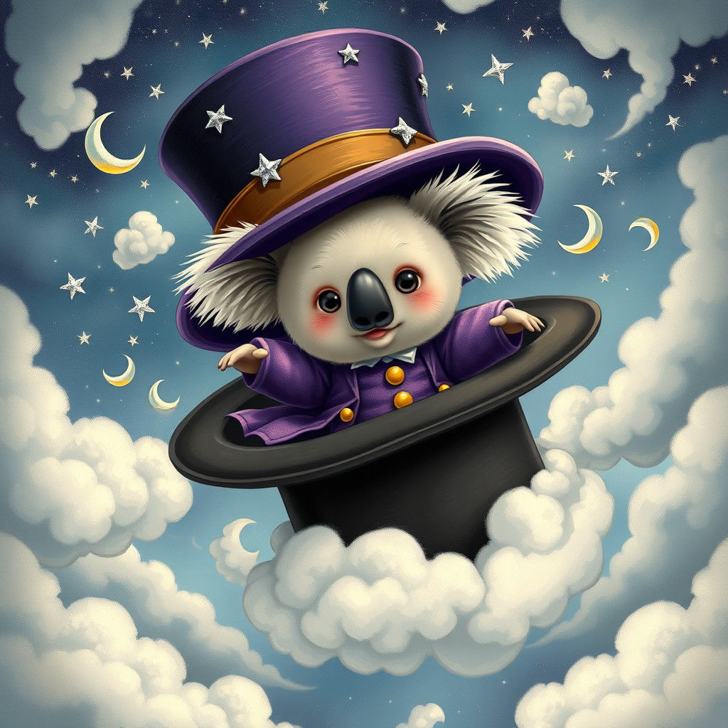 A chibi koala bear in a purple frock coat flying around insi...