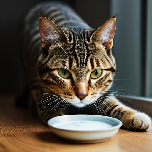 Tabby cat drinking milk from a cat bowl