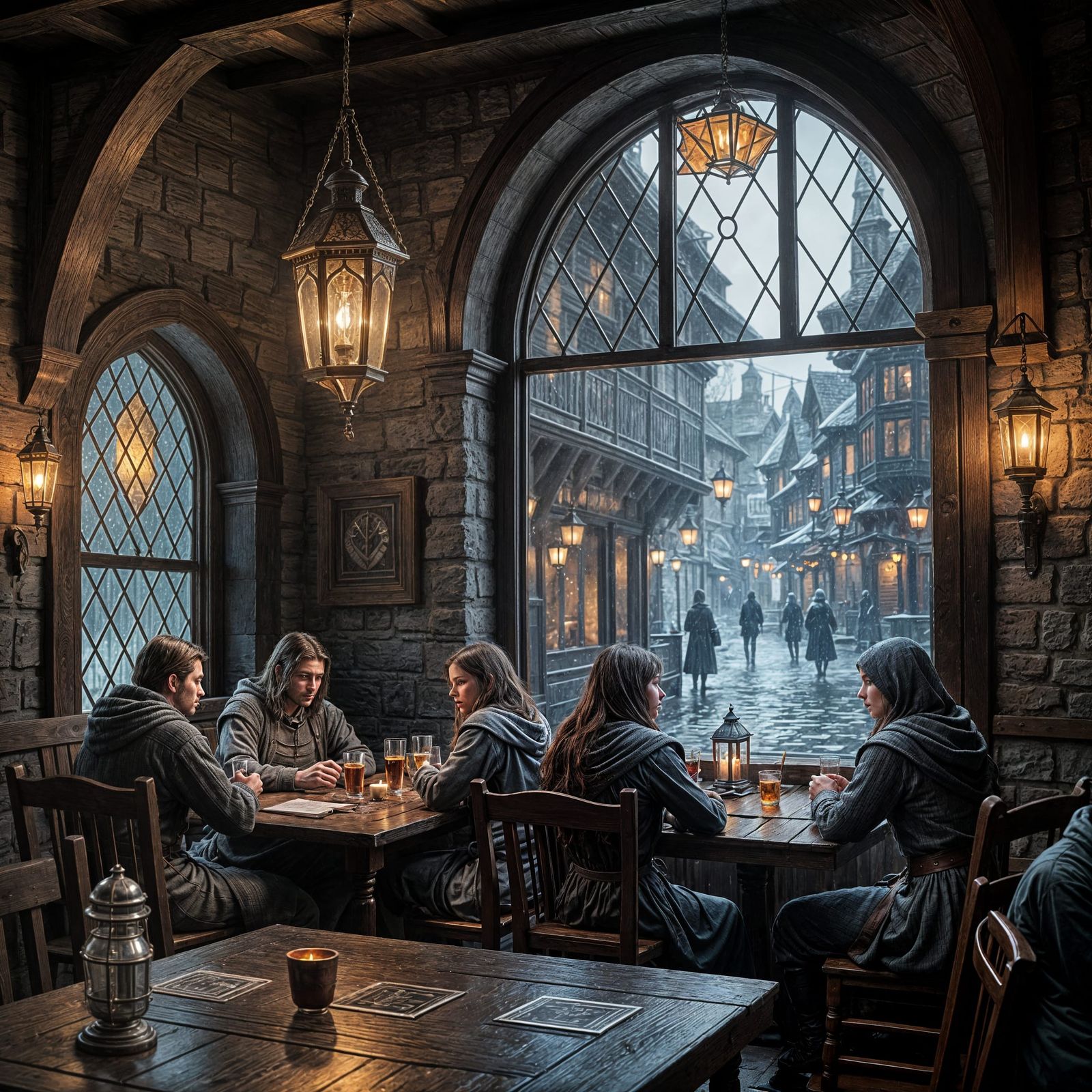 Digital painting, cinematic lighting. A cozy, lantern-lit tavern interior, with patrons dressed in medieval ...  by @Paul Snipes