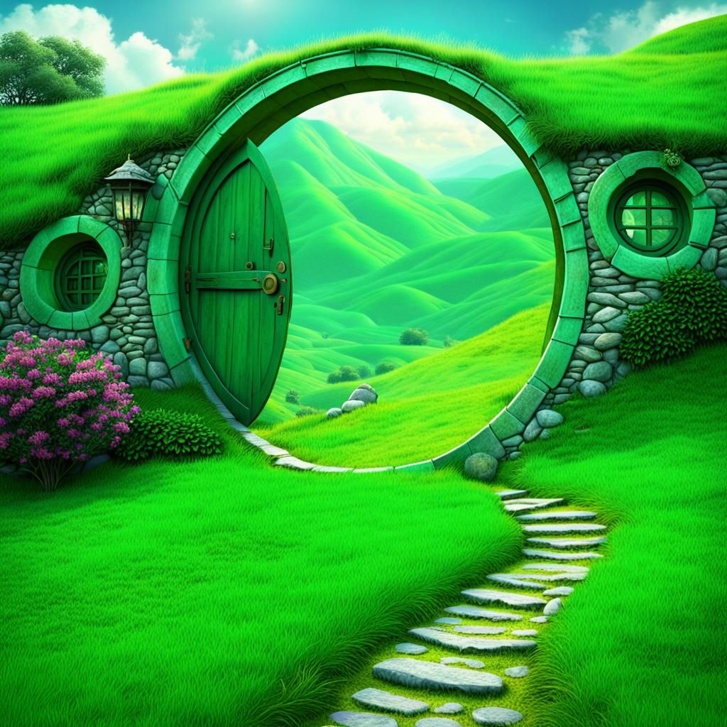 Green hillside with a big round green hobbit door Epic cinematic ...