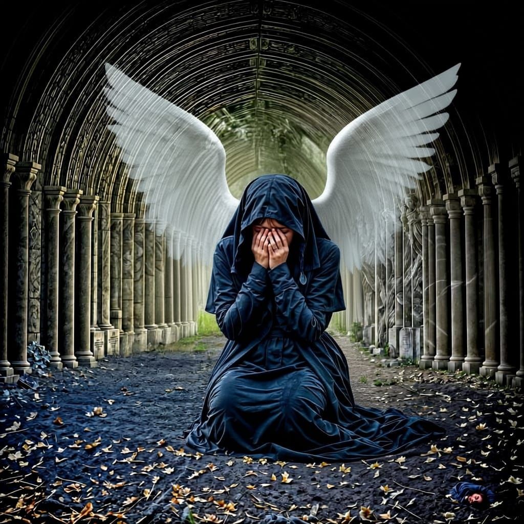 Double exposure photos a woman at a graveside crying superimposed by angels comforting her