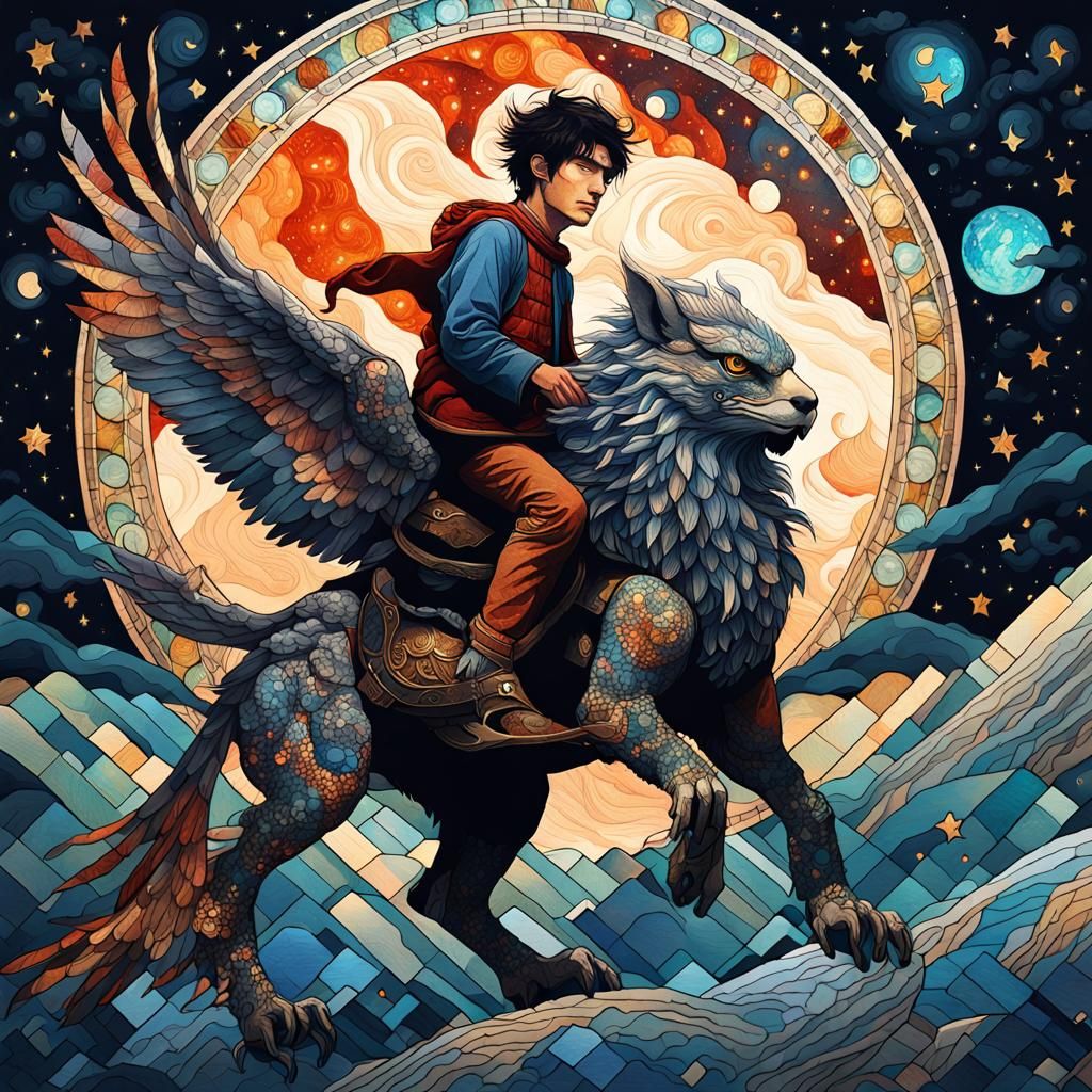 young man riding his pet gryphon  during a bloodmoon dark starry night, stained glass patterns, gorgeous ...  by @Pjrockey