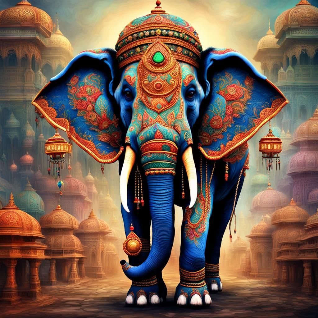 an ornately decorated Indian elephant during a festival. 