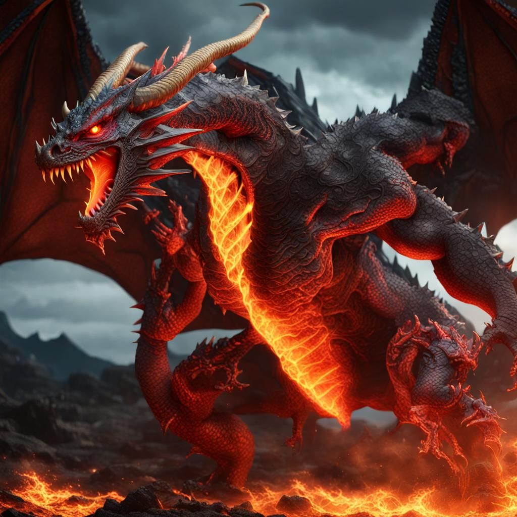 photorealistic final render of a badass epic muscular dragon, warrior, made of lava and lightning , 16k resolution photo...