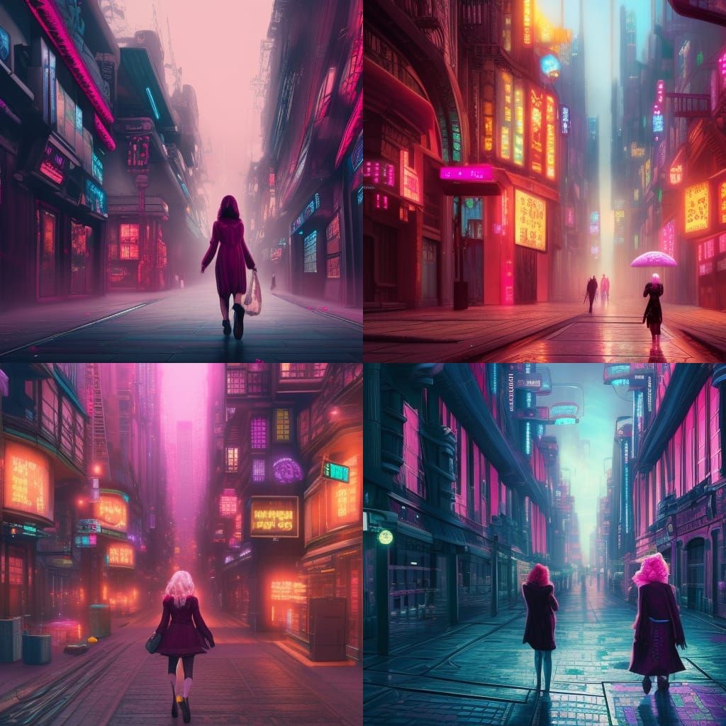 blonde woman with a pink cardigan walking in a cyberpunk cit...