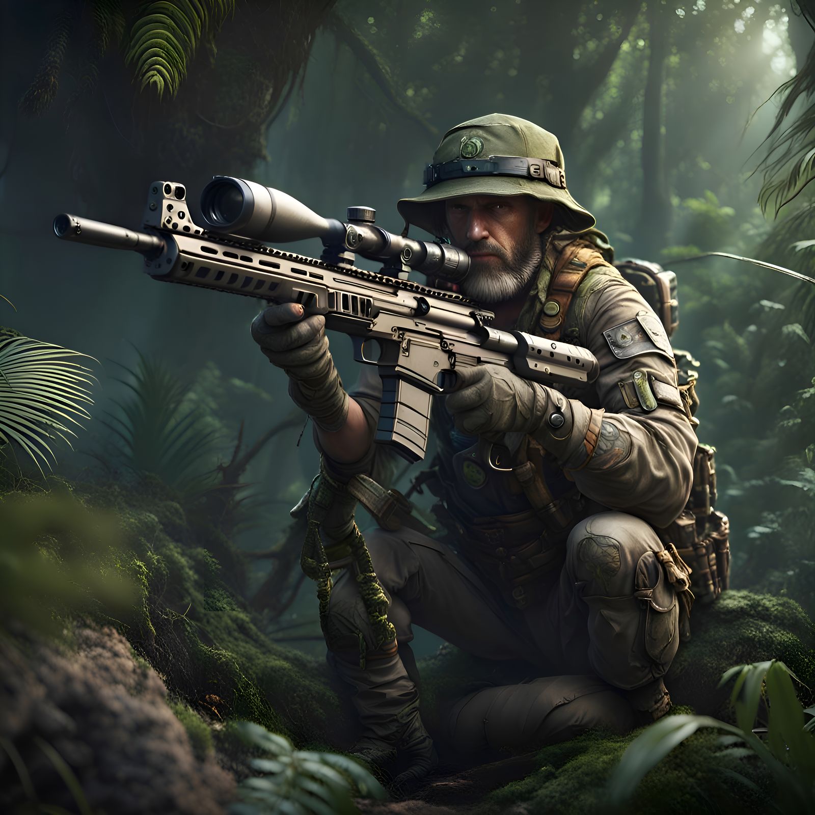 Shooter. Amazing grizzled jungle sniper