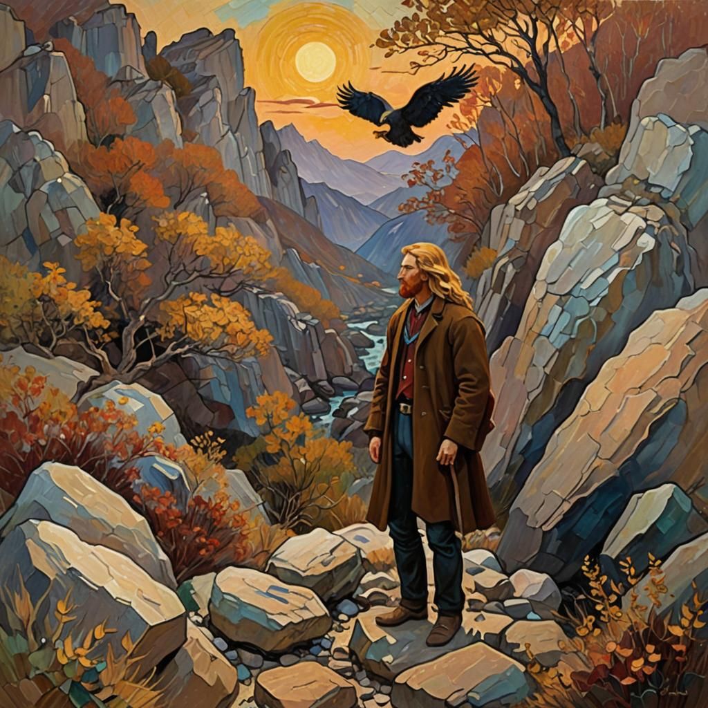 Golden Haired Man with Eagle, in Neo-Impressionist Style