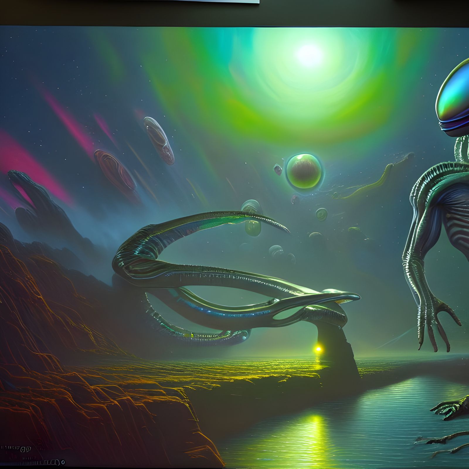 Alien DNA oil painting by James Gurney 8k resolution hologra...