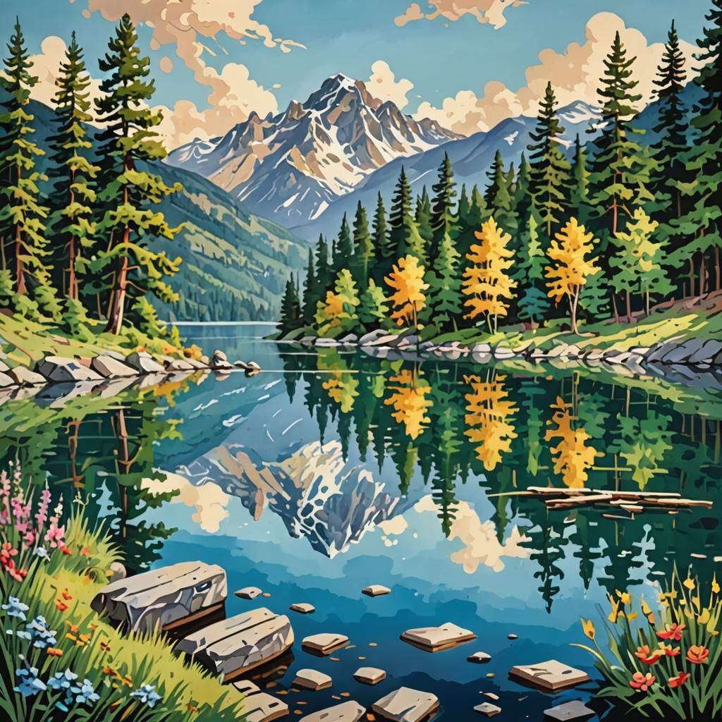 Paint-by-numbers kit featuring a peaceful mountain lake
