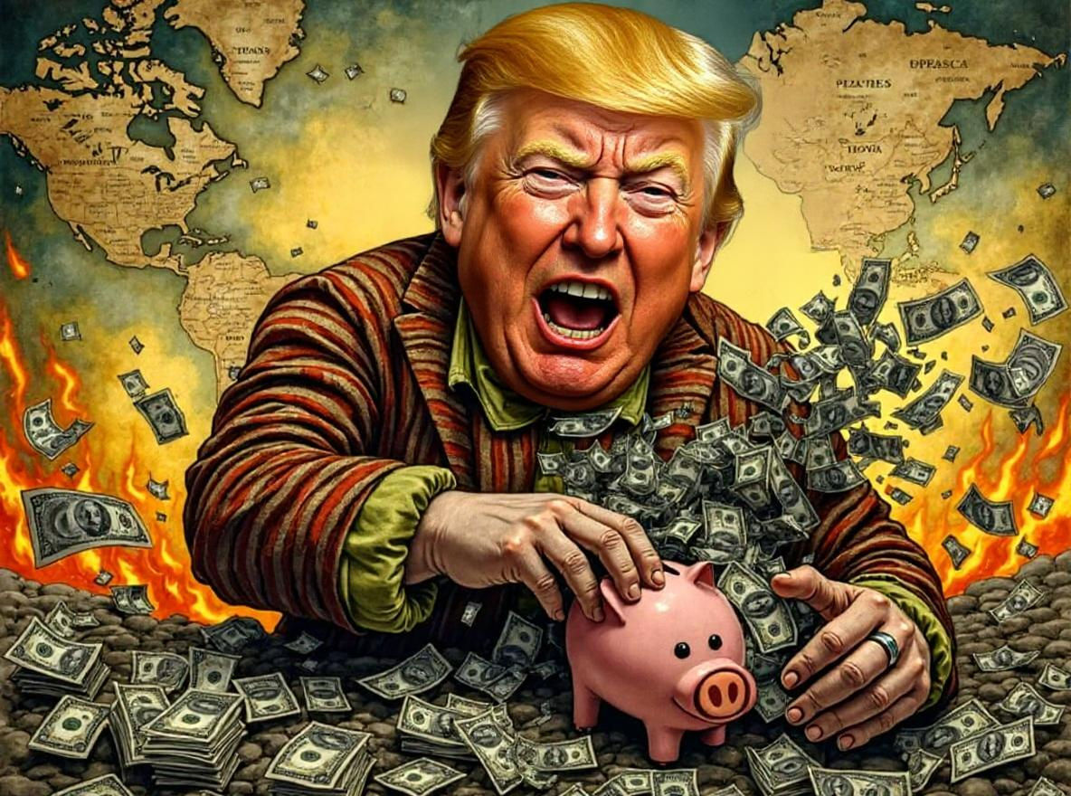 Satirical Clown Steals from Piggy Bank in Chaotic World