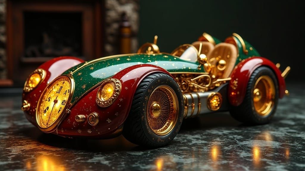 Create an Faberge analogue (Afropunk car:1.5) with a (futuristic:1.2) design, featuring (detailed gold mechanical parts:1.4), (glossy red gr...