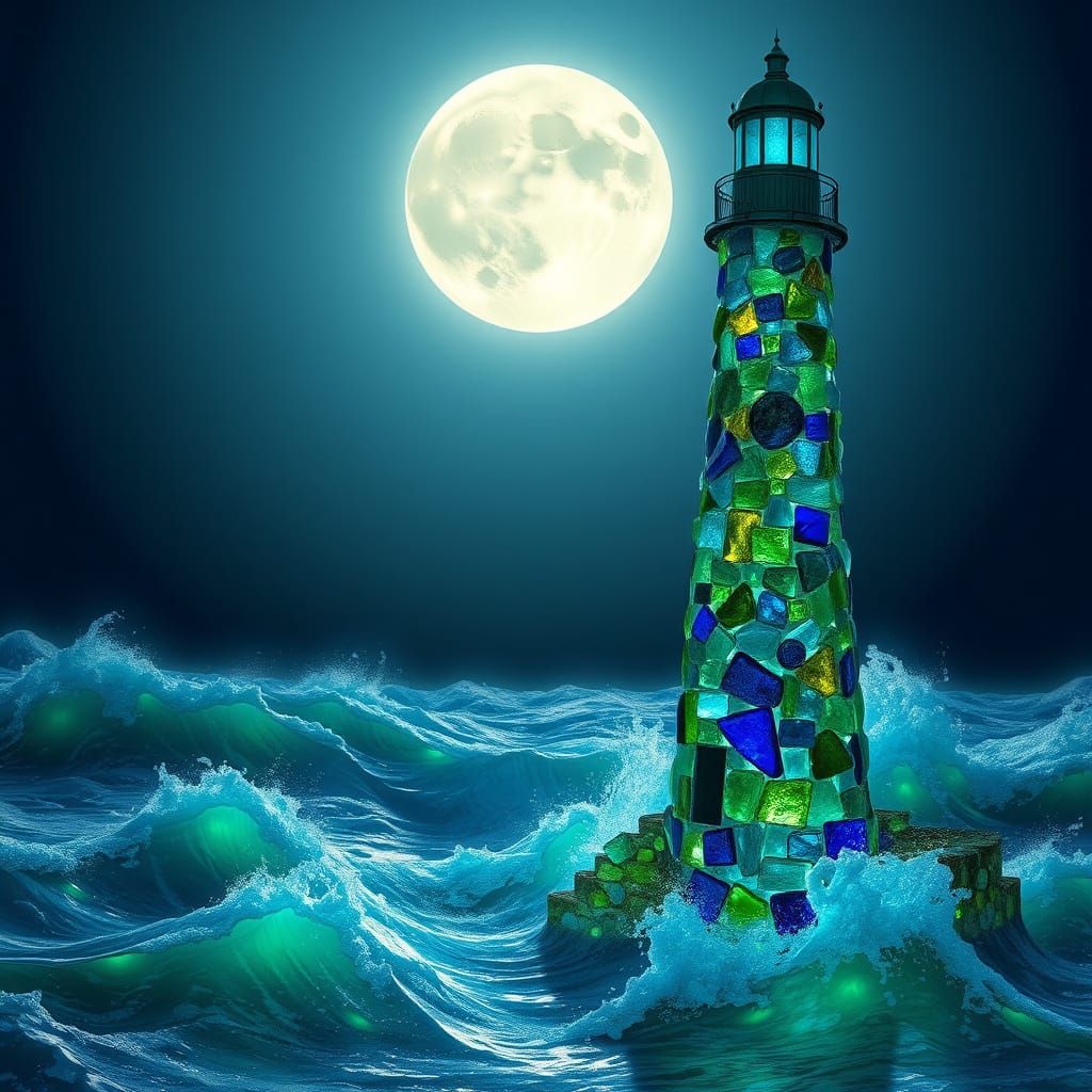 glowing lighthouse built from emerald and cobalt sea glass, 8k  by @Anywho