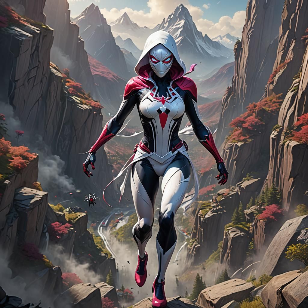 Spider Gwen, hood up, mask on, as a colossal giant woman, to...