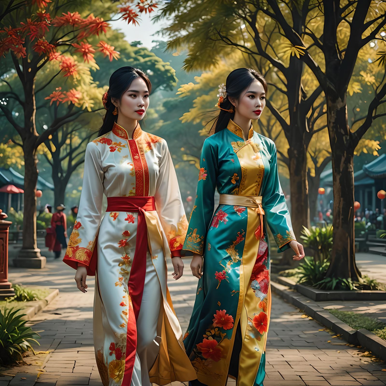 Two Vietnamese friends walking supposedly wearing ao dai