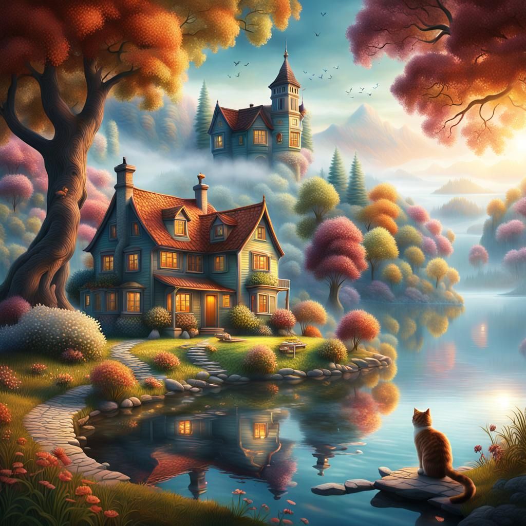 Old House by Lake with Cat, Detailed Matte Painting