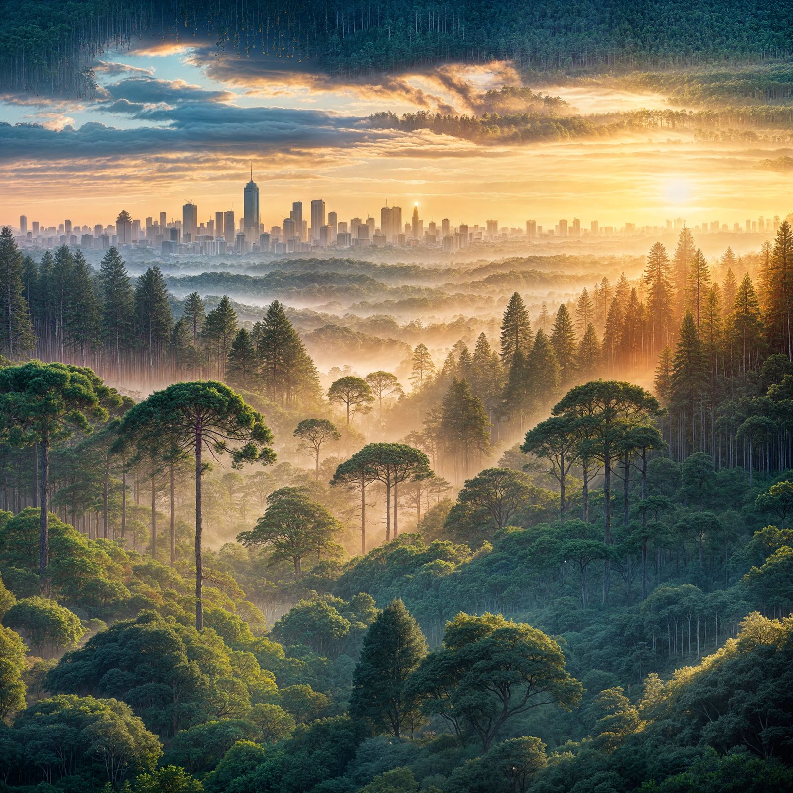 A lush forest of Paraná Pines in the early morning, on top of a hill at sunrise,