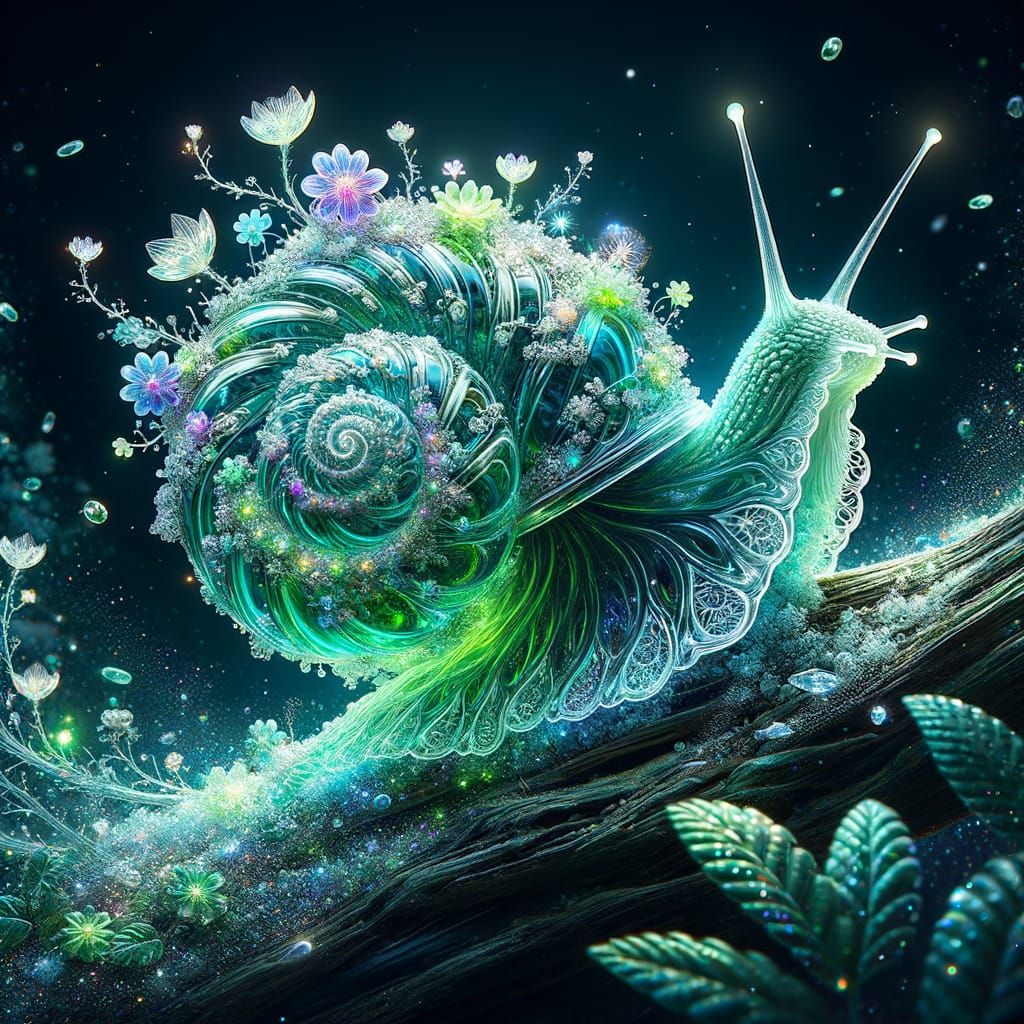  a snail shell filled with bioluminescent floral beauty
