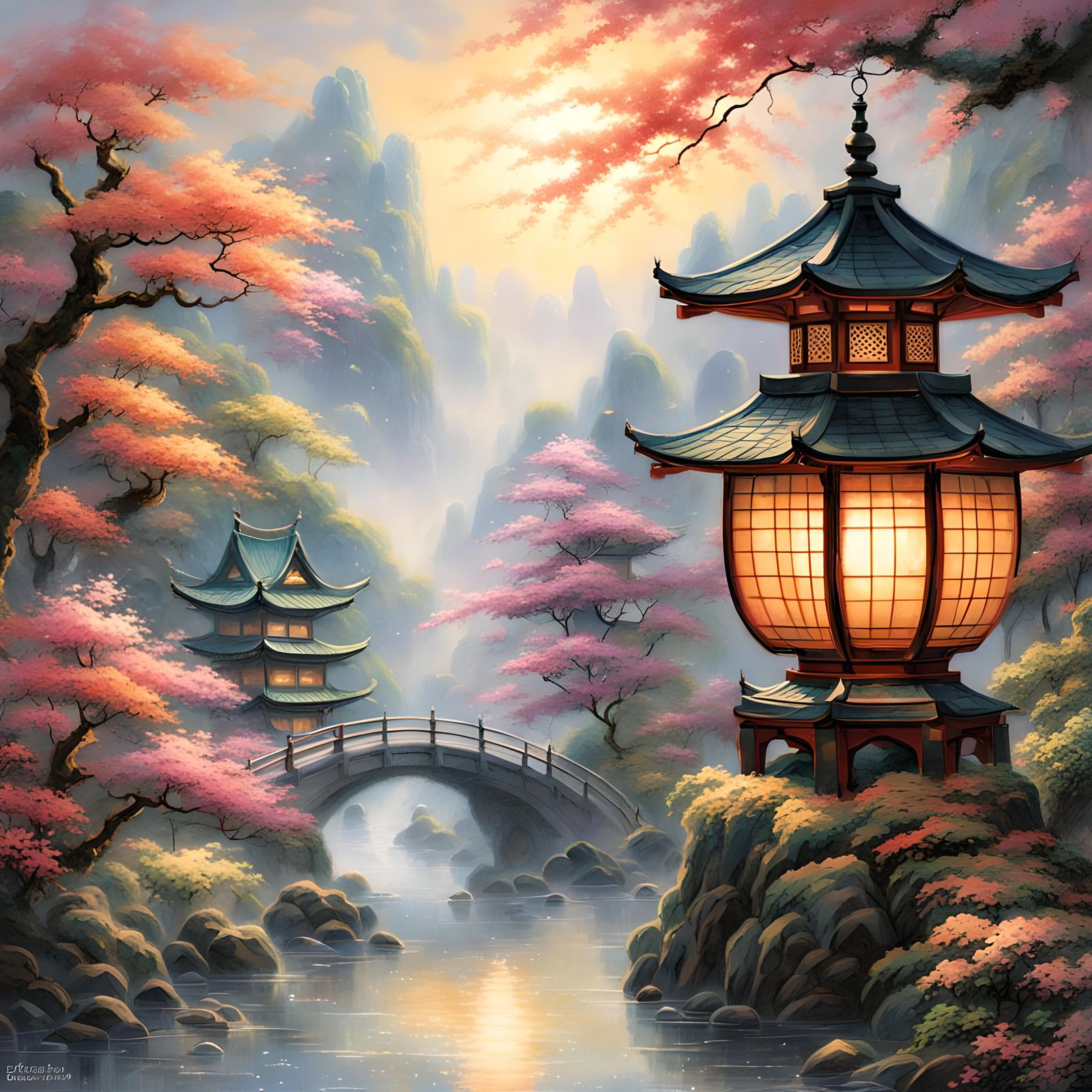 A large close up of a Japanese lantern, glowing brigh. High resolution.   by @Irene