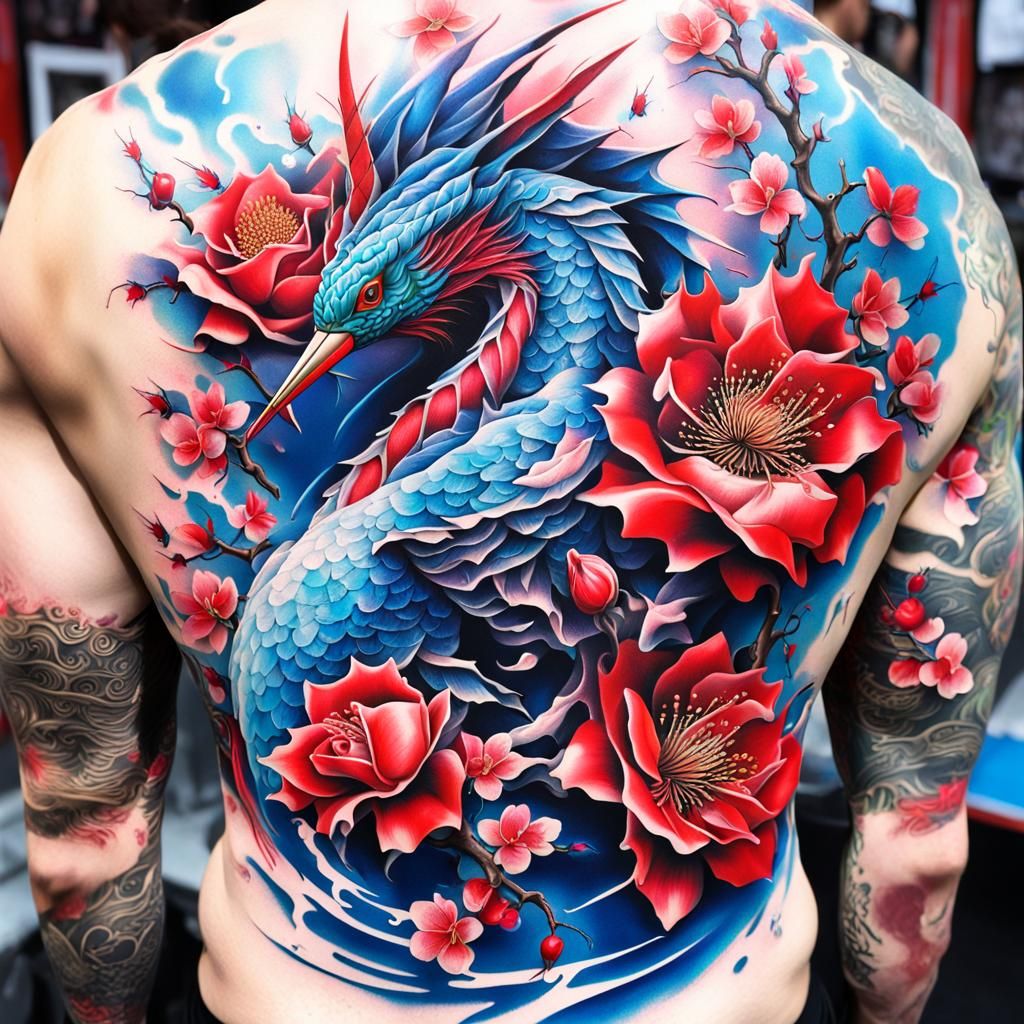 Red rose (full back tattoo with (cherry blossoms, hummingbir...