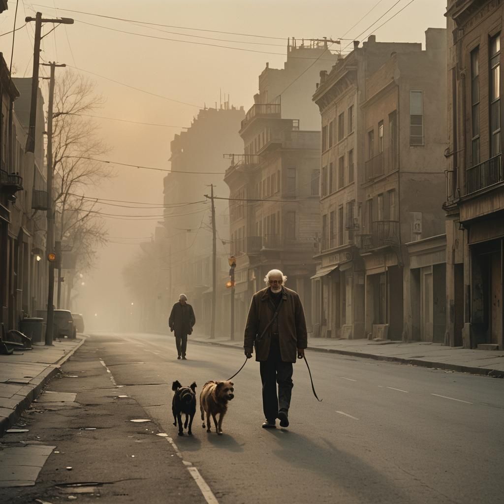 an old man and his dog, black and white, small touches of color AI