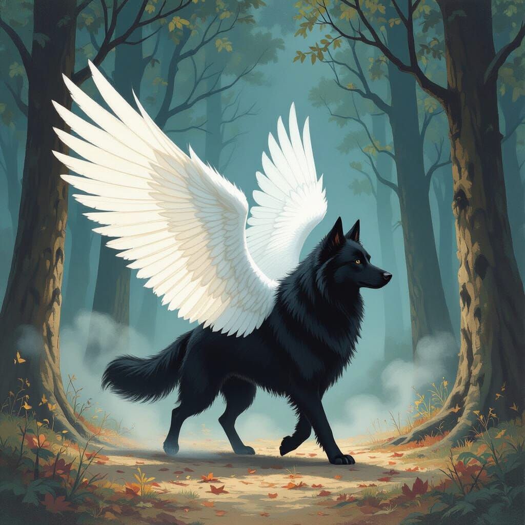 Black Dog with Feathered Wings in Mysterious Forest