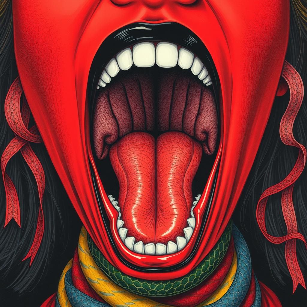 Closeup of red face open tonsils forescale diagram into throat that reveals an entire dungeon, stretched proportion magnify the throat bell,...