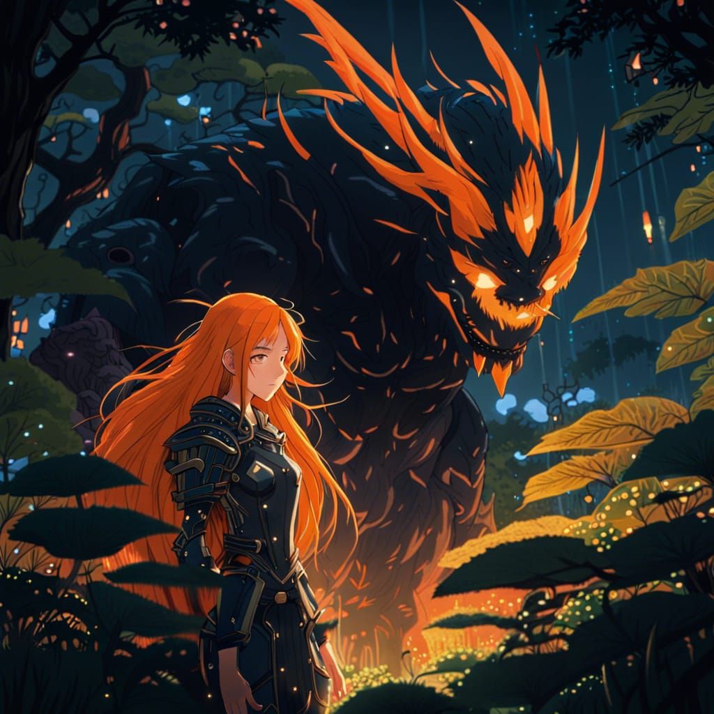 serious woman long bright orange hair fantasy saint in armor...