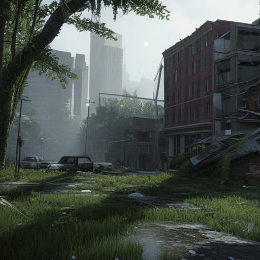 a destroyed city from the last of us