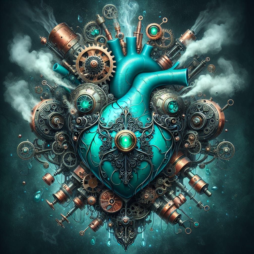 Turquoise Heart Steampunk Engine in Vibrant Colors